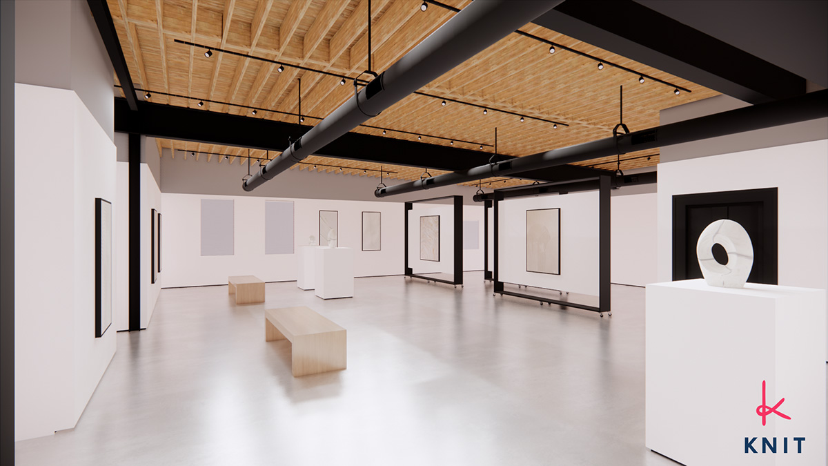 Photo of art gallery with blue KNIT and pink K in bottom right-hand corner.